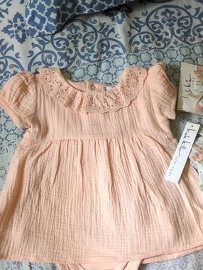 Nicole Miller 4 PC Peach Eyelet Collar Dress Onesie/Panty/Socks/Headband 18 M